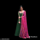 Green embroidery bandhni dupatta on Georgette maxi dress, digital print, mirror work, stone detailing